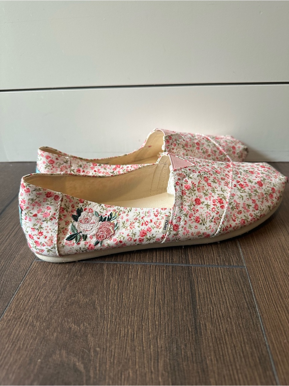 Toms Pink Floral Canvas Slip-Ons with Embroidered Roses
